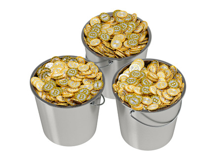 Bitcoins in a Bucket - isolated on white の写真素材
