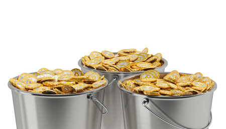 Bitcoins in a Bucket - isolated on white の写真素材