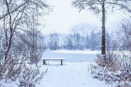 Winter - Bench in the snow - paintingの写真素材