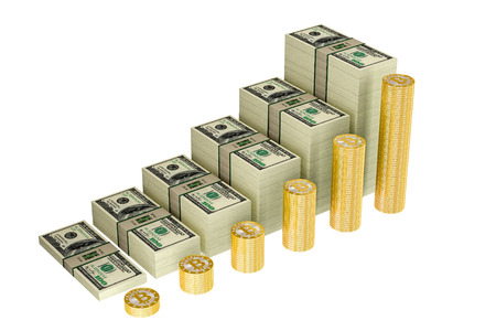 Golden Bitcoins and Dollarsの写真素材