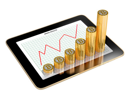 tablet - bar graphs made from bitcoins showing profit growの写真素材