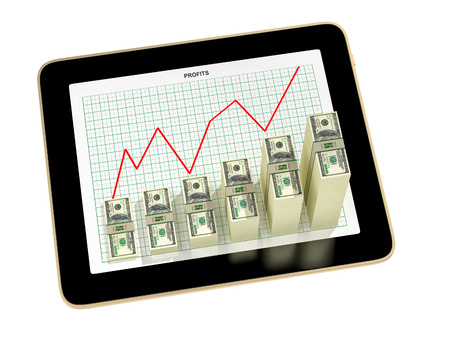 tablet - dollar bar graphs showing profit grow - 3d renderingの写真素材