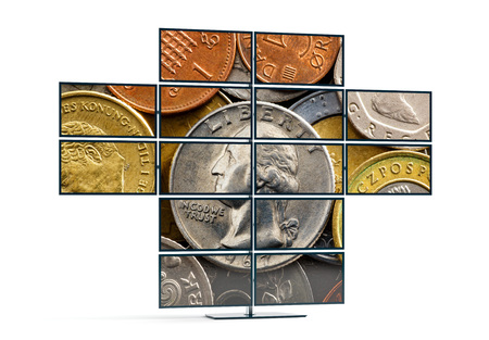 Monitor wall showing an image of a Dollar coin - 3D Rendering
