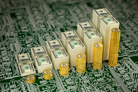 Bitcoin Value soars - Bitcoins and Dollars Bills stacked as charts - 3D Renderingの写真素材