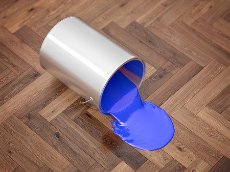 Silver paint bucket on wooden floor - 3D renderingの写真素材