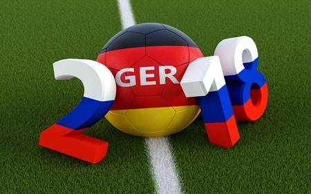 2018 in russian flag colors on a soccer field. A soccer ball in germanys national colors...