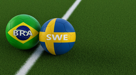 Brazil vs. Sweden Soccer Match - Soccer balls in Brasils and Swedens national colors on a soccer field. Copy space on the right side - 3D renderingの写真素材