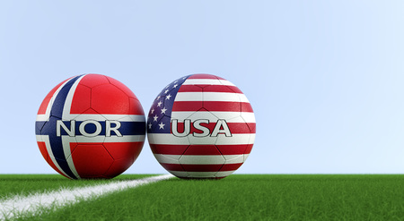 Norway vs. USA Soccer Match - Soccer balls in Norway and USA national colors on a soccer field. Copy space on the right side - 3D Renderingの写真素材