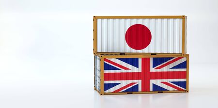 Two freight container with Japan and United Kingdom flag. Copy space on the left side - 3D Renderingの写真素材
