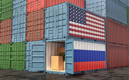 Stacks of Freight containers. USA and Russia flag. 3D Renderingの写真素材