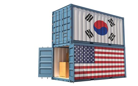 Two freight container with South Korea and USA flag. Isolated on white - 3D Rendering