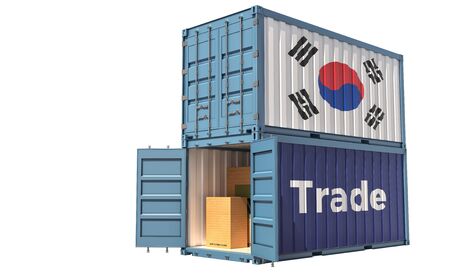Freight container with South Korea flag. Isolated on white - 3D Renderingの写真素材
