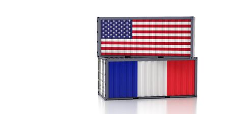 Two freight container with USA and France national flag. 3d renderingの写真素材