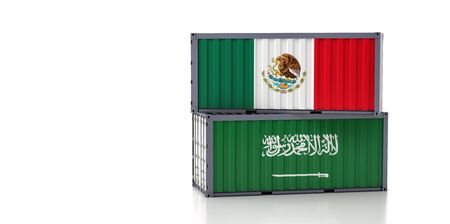 Two freight container with Mexico and Saudi Arabia flag. Isolated on white - 3D Renderingの写真素材