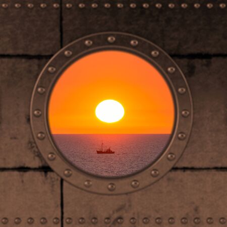 Looking through a ship Porthole on the the ocean.の写真素材