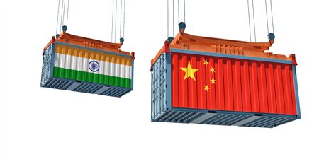 Freight container with China and India flag - isolated on white for compositing. 3D Renderingの写真素材