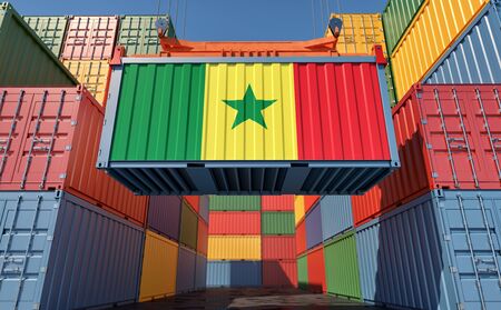 Container Terminal - Freight container with Senegal flag. 3D renderingの写真素材