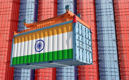 Trading with India. Freight container with India flag. 3D renderingの写真素材