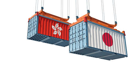 Freight containers with Hong Kong and Japan flag. 3D renderingの写真素材