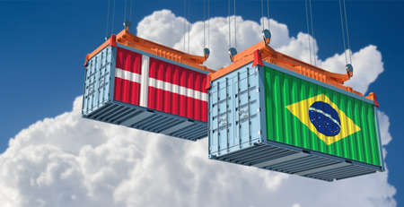 Freight containers with Brazil and Denmark national flag. 3D Renderingの写真素材