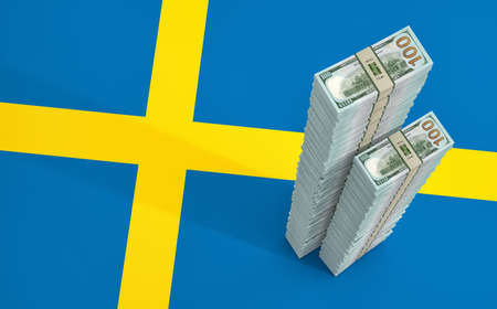Stacks of 100 Dollar banknotes on Sweden national flag. 3D Renderingの写真素材