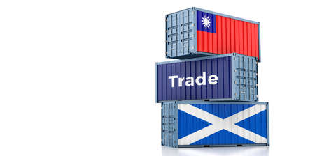 Shipping containers with Scotland and Taiwan flag. 3D Renderingの写真素材