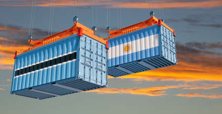 Freight containers with Botswana and Argentina national flags. 3D rendering