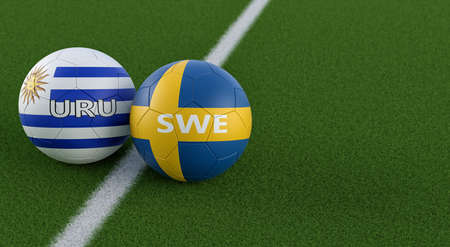 Sweden vs. Uruguay Soccer Match - Leather balls in Sweden and Uruguay national colors. 3D renderingの写真素材