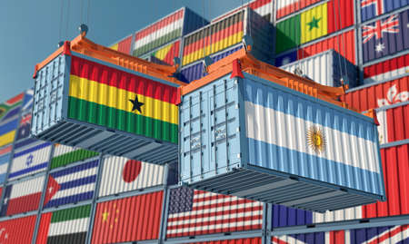 Freight containers with Argentina and Ghana national flags. 3D renderingの写真素材