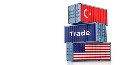 Cargo containers with USA and Turkey national flags. 3D renderingの写真素材