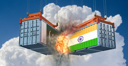 trade was. Cargo containers with Pakistan and India national flags colliding. 3D rendering
