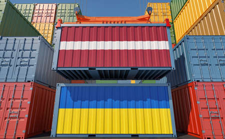 Cargo containers with Latvia and Ukraine national flags. 3D renderingの写真素材