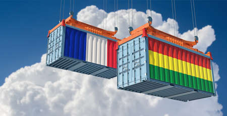 Cargo containers with France and Bolivia national flags. 3D renderingの写真素材