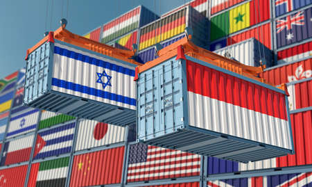 Cargo containers with Israel and Indonesia national flags. 3D renderingの写真素材