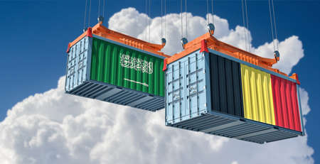 Cargo containers with Belgium and Saudi Arabia national flags. 3D renderingの写真素材