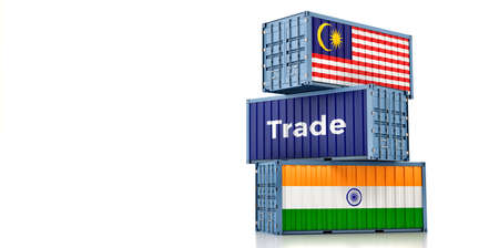 Cargo containers with Malaysia and India national flags. 3D renderingの写真素材