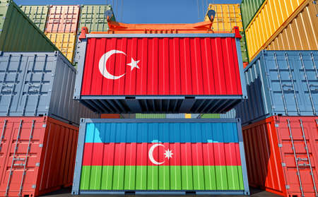 Cargo containers with Turkey and Azerbaijan national flags. 3D renderingの写真素材