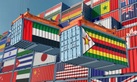 Cargo containers with United Arab Emirates and Zimbabwe national flags. 3D renderingの写真素材