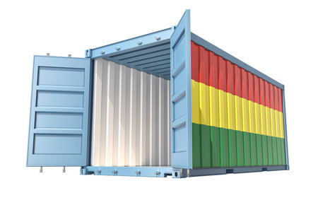Cargo Container with open doors and Bolivia national flag design. 3D Renderingの写真素材