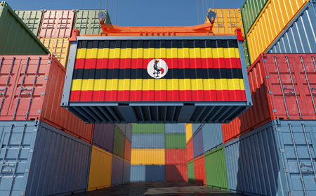 Cargo Container with Uganda national flag design. 3D Renderingの写真素材