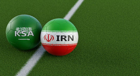 Saudi Arabia vs. Iran Soccer Match - Soccer balls in Iran and Saud Arabia national. colors 3D Renderingの写真素材