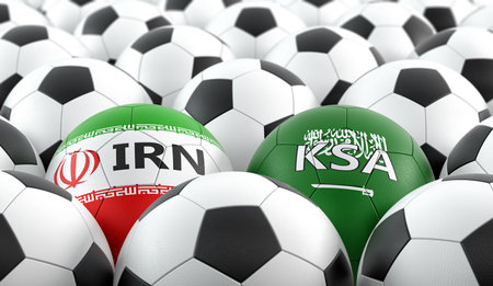 Saudi Arabia vs. Iran Soccer Match - Soccer balls in Iran and Saud Arabia national. colors 3D Renderingの写真素材