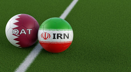 Qatar vs. Iran Soccer Match - Soccer balls in Iran and Qatar national colors on a soccer field. Copy space on the right side - 3D Renderingの写真素材