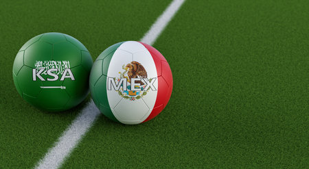 Saudi Arabia vs. Mexico Soccer Match - Soccer balls in Mexico and Saudi Arabia national colors on a soccer field. Copy space on the right side - 3D Renderingの写真素材
