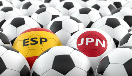 Spain vs. Japan Soccer Match - Soccer balls in Japan and Spain national colors on a soccer field. Copy space on the right side - 3D Renderingの写真素材