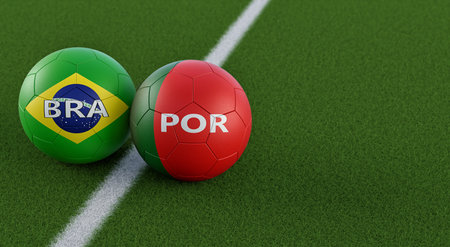 Brazil vs. Portugal Soccer Match - Soccer balls in Brazil and Portugal national colors on a soccer field. Copy space on the right side - 3D Renderingの写真素材