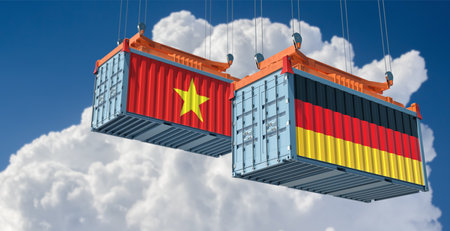 Cargo containers with German and Vietnam national flags. 3D Renderingの写真素材
