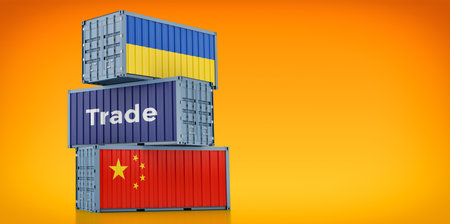 Cargo containers with China and Ukraine national flags. 3D Renderingの写真素材