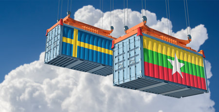Cargo containers with Myanmar and Sweden national flags. 3D Renderingの写真素材