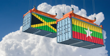 Cargo containers with Myanmar and Jamaica national flags. 3D Renderingの写真素材
